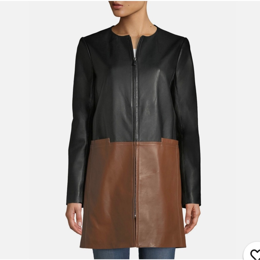 Neiman Marcus Colorblock Lamb Leather Zip-front Long Jacket, Size Medium